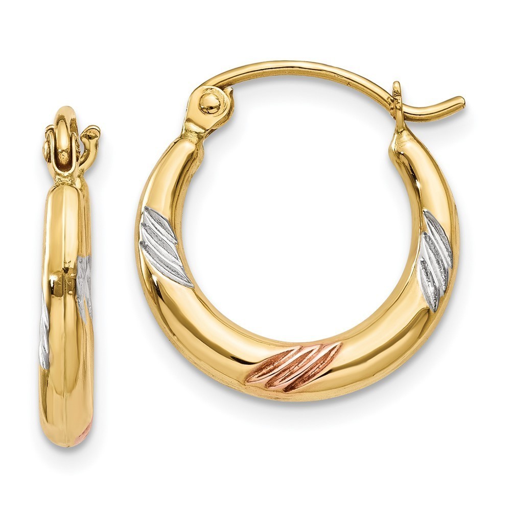 14k Yellow Gold & White & Rose Rhodium & Textured Hoop Earring 14 L x 2 mm W
